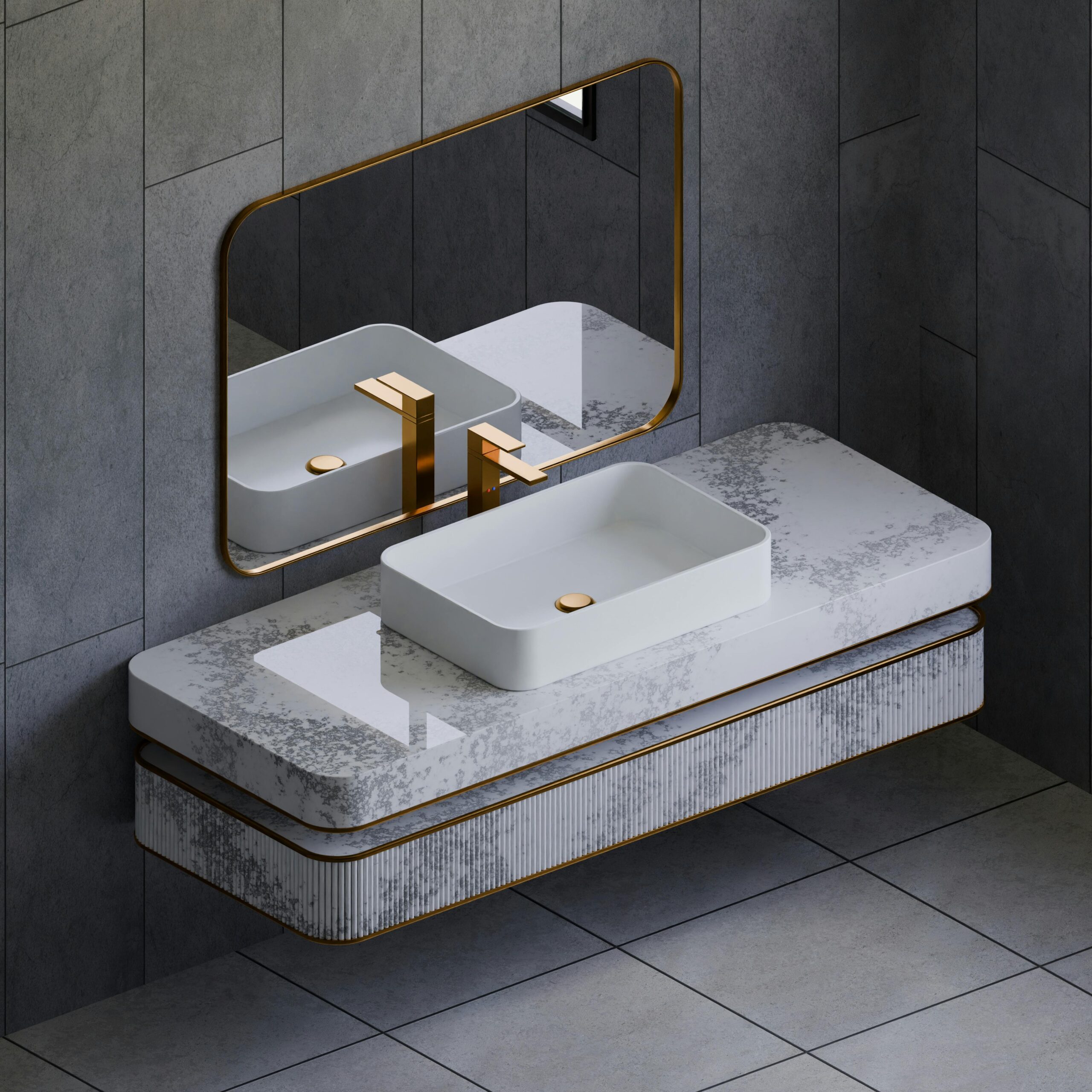 Stylish bathroom vanity with golden accents and a marble finish, perfect for contemporary interiors.